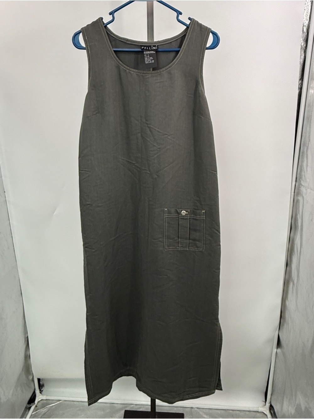 Vintage Pellini Maxi Dress L Olive Green Rayon Lagenlook Pocket 90s